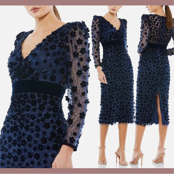 NEW $598 Mac Duggal [ 16 ] Embellished V Neck Illusion Column‎ Midi Dress Blue - Picture 1 of 14